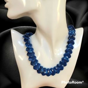 1980s Teal Marble Square Button Beaded Necklace